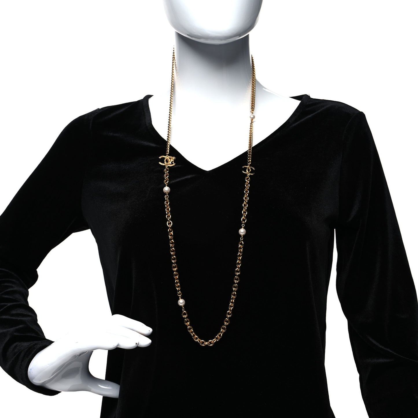 Pearl Crystal CC Chain Long Necklace Gold