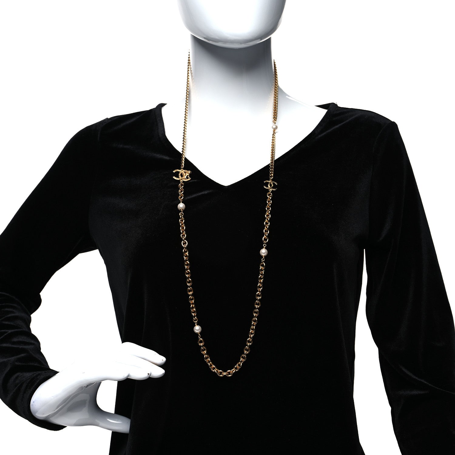 Chanel Pearl Crystal CC Chain Long Necklace Gold 2 of 5