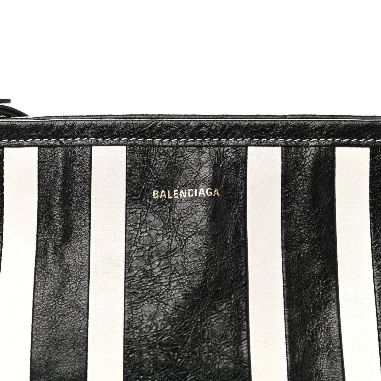 Agneau Arena Striped Patchwork Small Barbes Z Pouch with Handle Black White