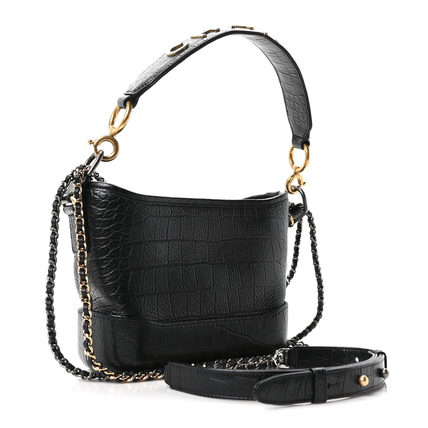 Calfskin Crocodile Embossed Small Gabrielle Cocodile Hobo Black