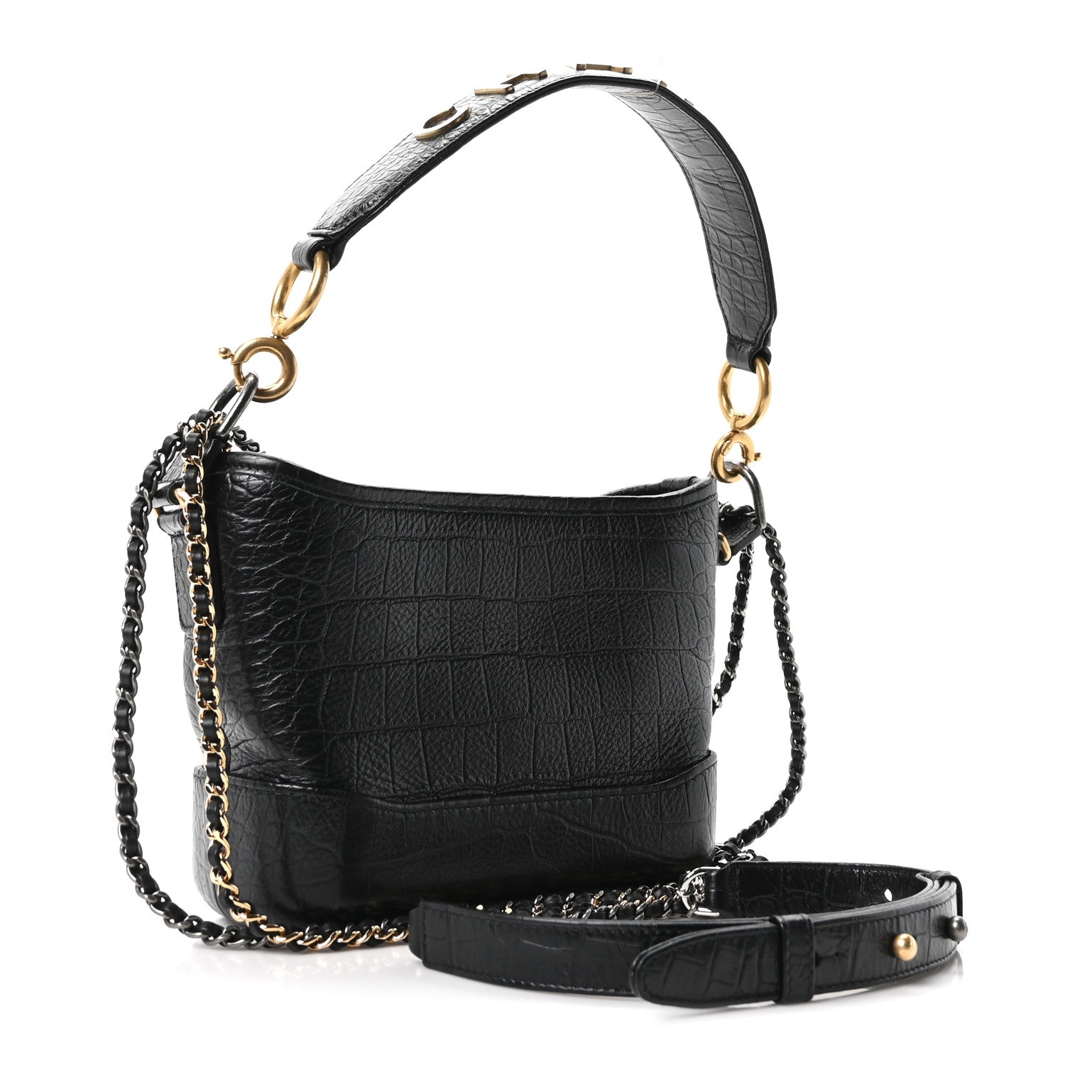 Chanel Calfskin Crocodile Embossed Small Gabrielle Cocodile Hobo Black 3 of 10