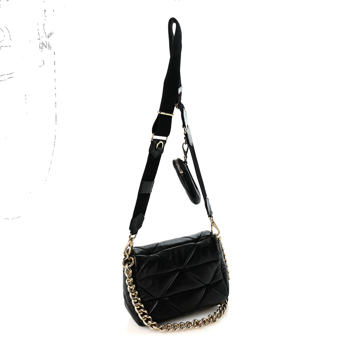 Nappa Re-Nylon Triangle Quilted Patchwork System Flap Shoulder Bag Black