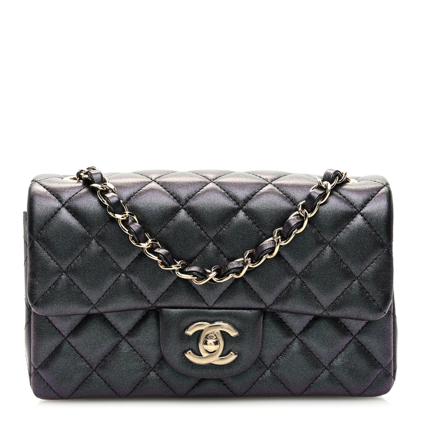 Iridescent Lambskin Quilted Mini Rectangular Flap Black