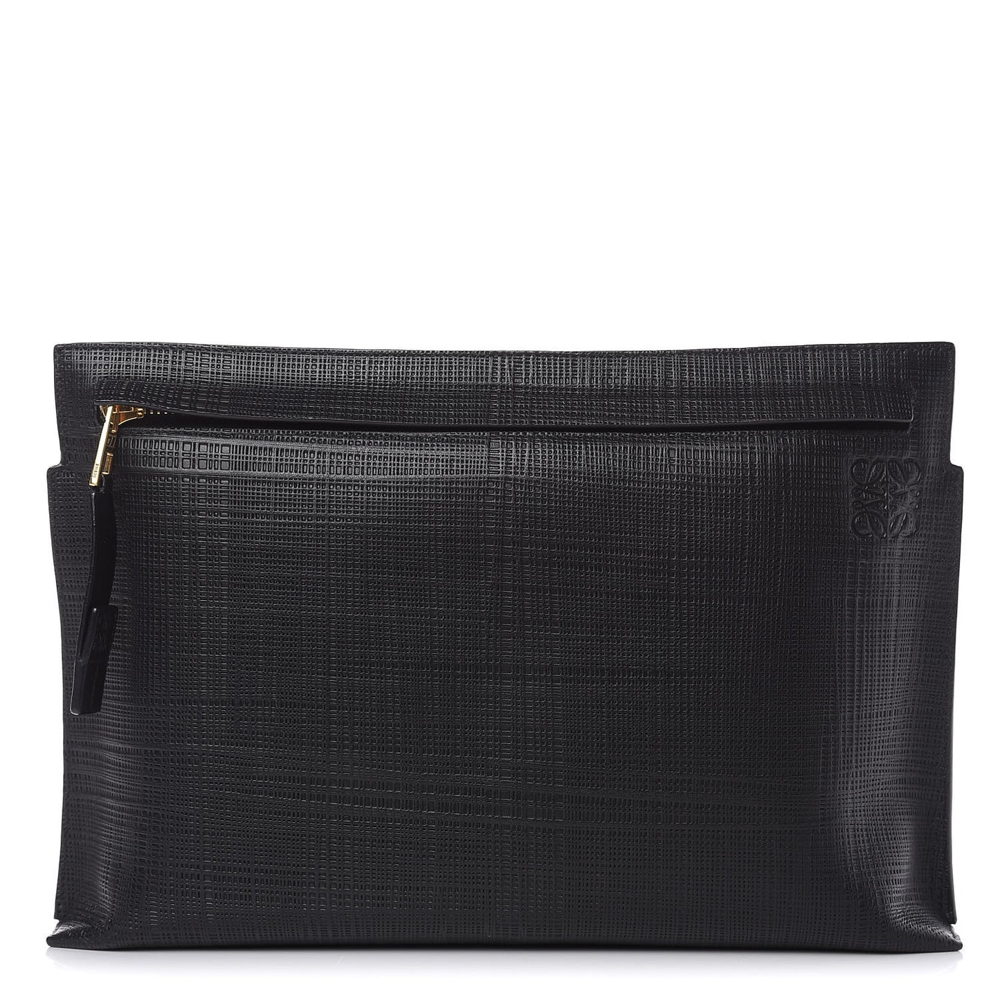 Calfskin Linen Embossed Large T Pouch Black