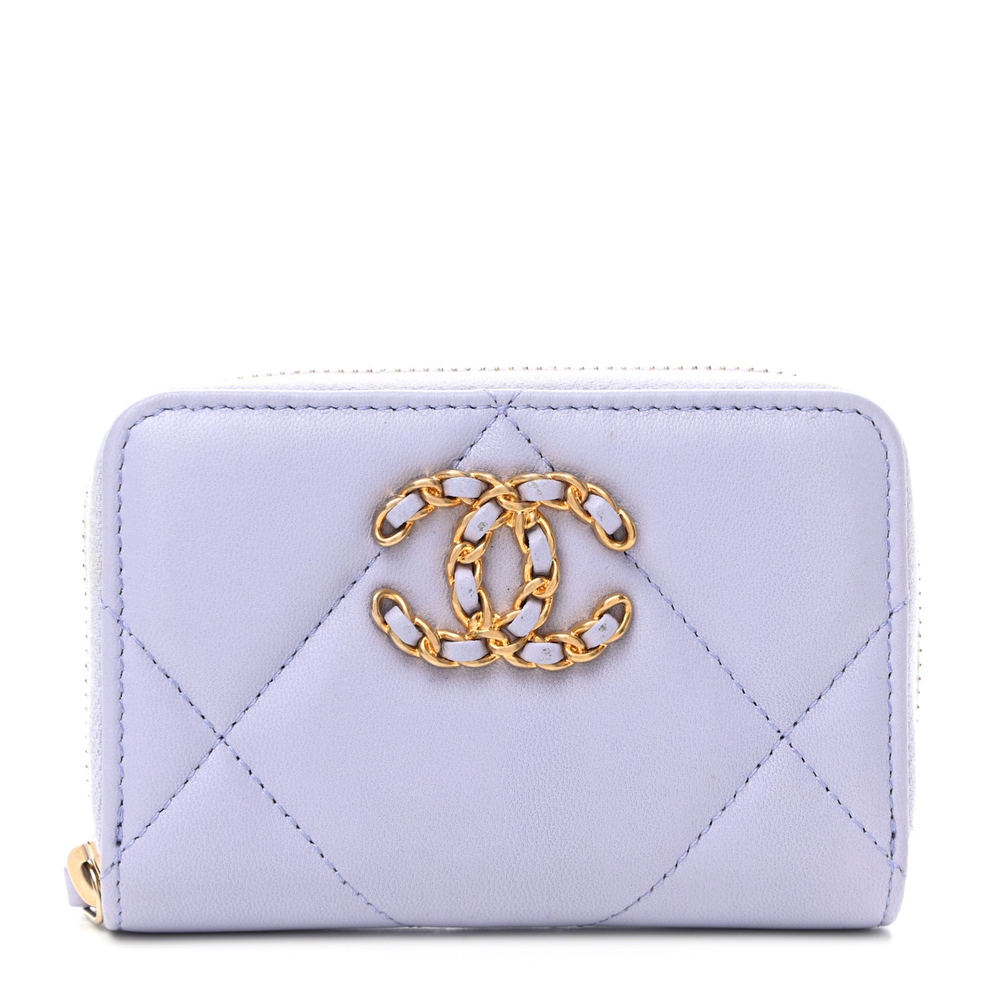 Lambskin Quilted Chanel 19 Zip Around Coin Purse Wallet Light Purple