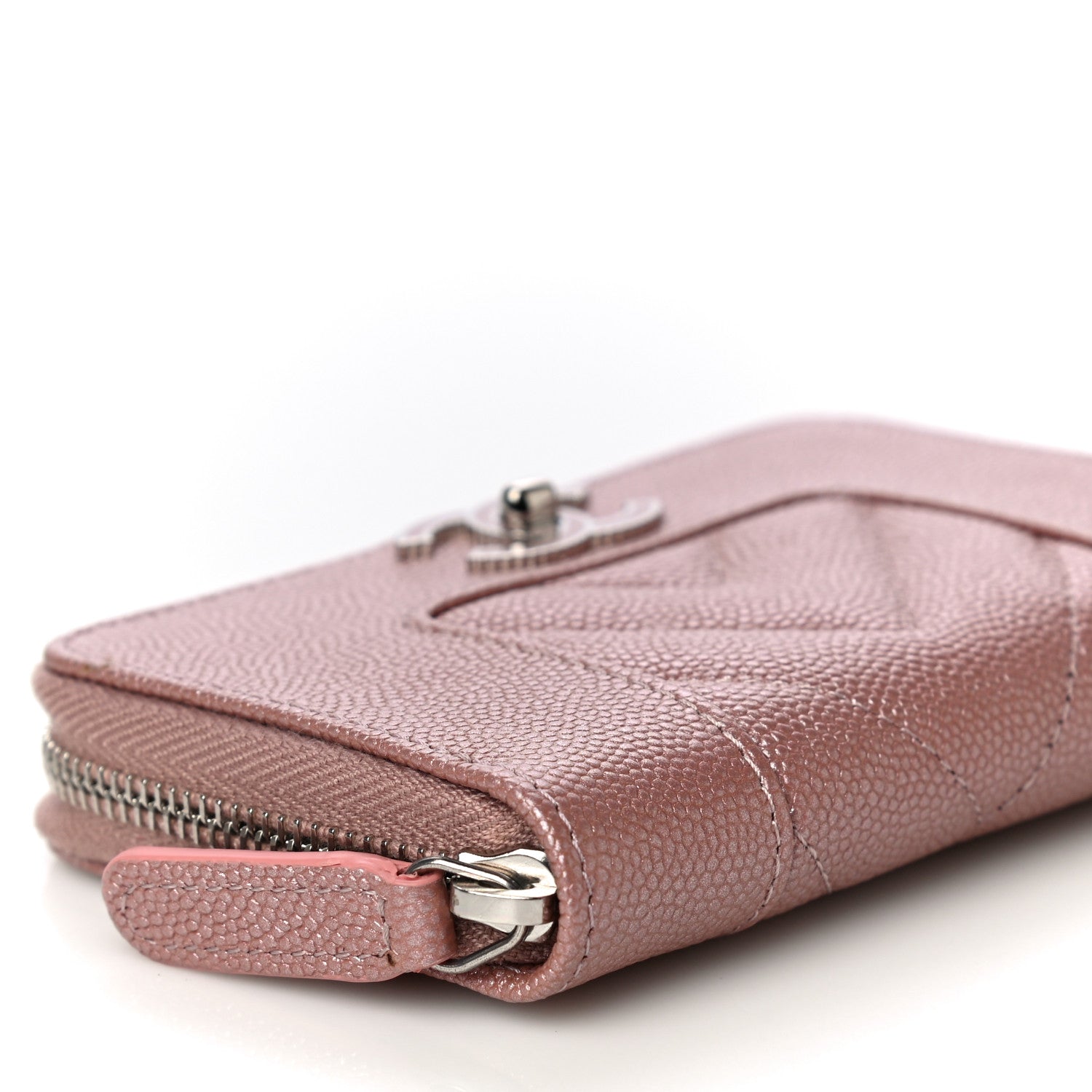 Chanel Metallic Caviar Chevron Quilted Vintage Mademoiselle Zip Coin Purse Pink 9 of 11