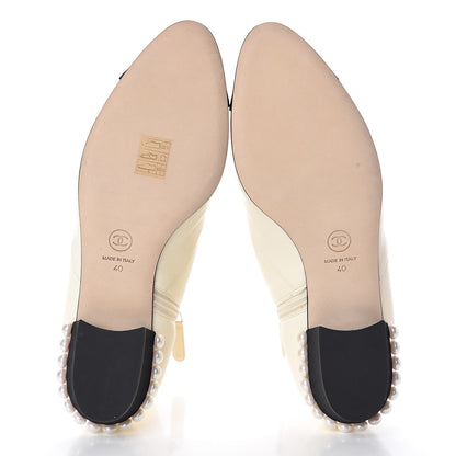 Chanel Lambskin Grosgrain Pearl Cap Toe Short Boots 40 Ivory Black 5 of 9