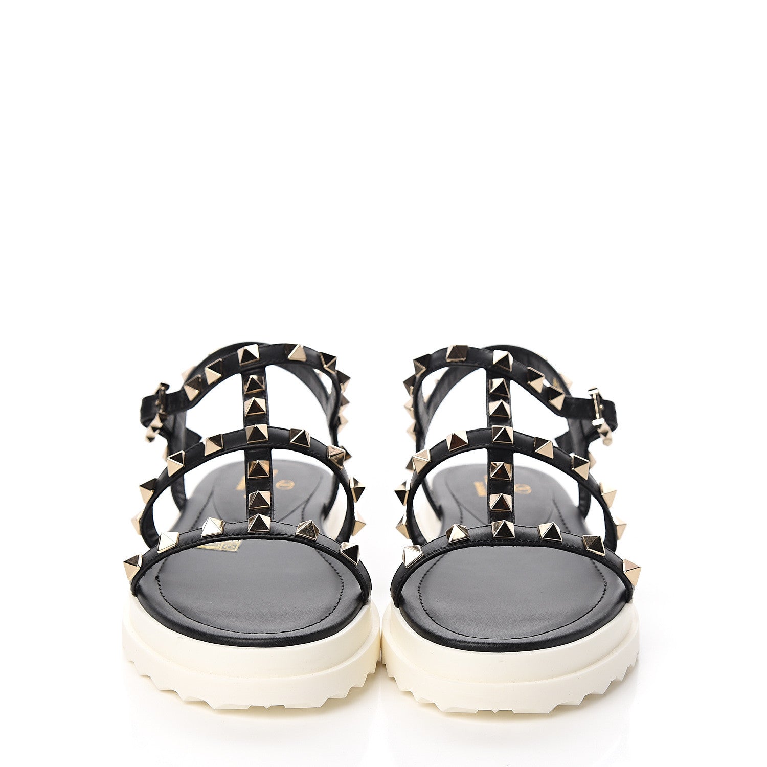 Valentino Garavani Calfskin Bedrock Rockstud Ankle Flat Sandals 35 Black 2 of 9