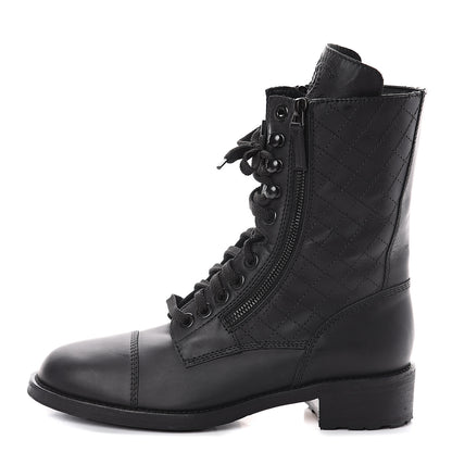 Chanel Calfskin Quilted CC Tall Lace Up Combat Boots 40 Black 1 of 6
