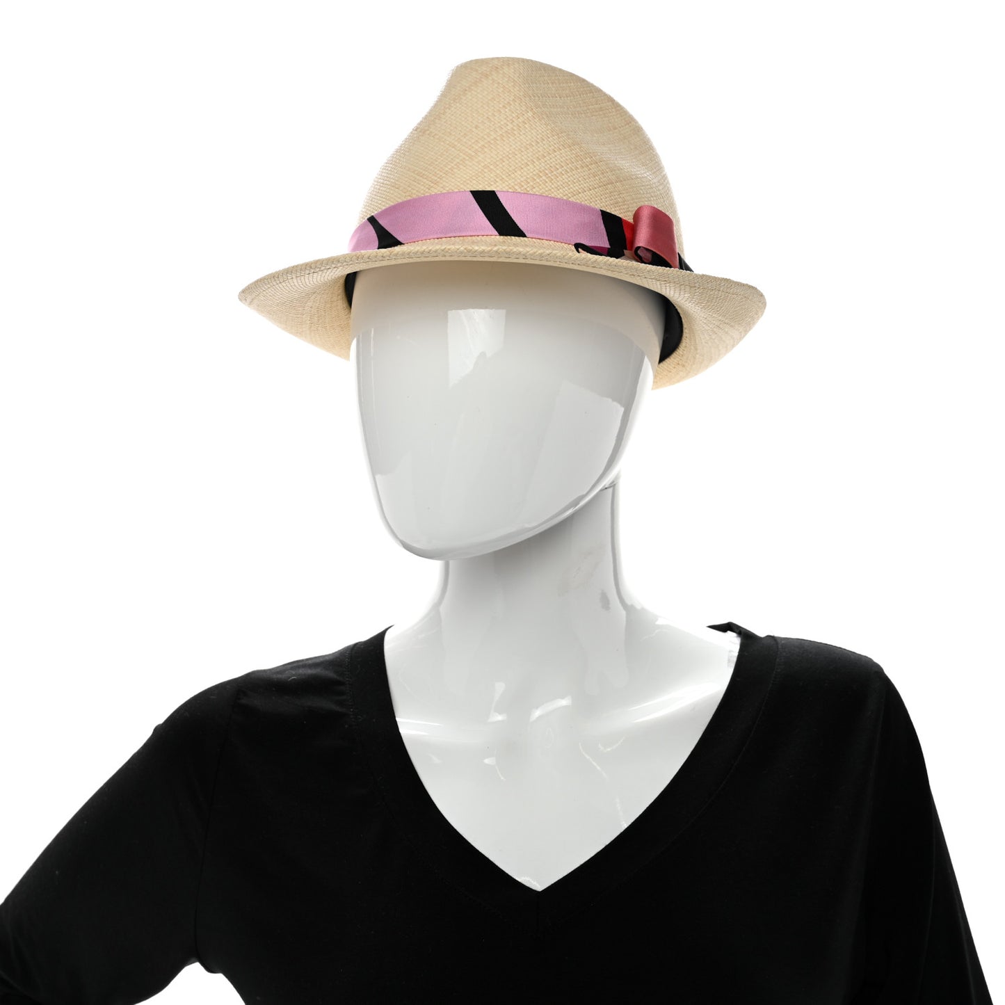 Straw Ribbon Fedora Hat M Beige Multicolor
