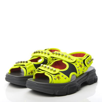 Gucci Technical Canvas Calfskin Studded Mens Aguru Sandals 8 Neon Yellow 3 of 7