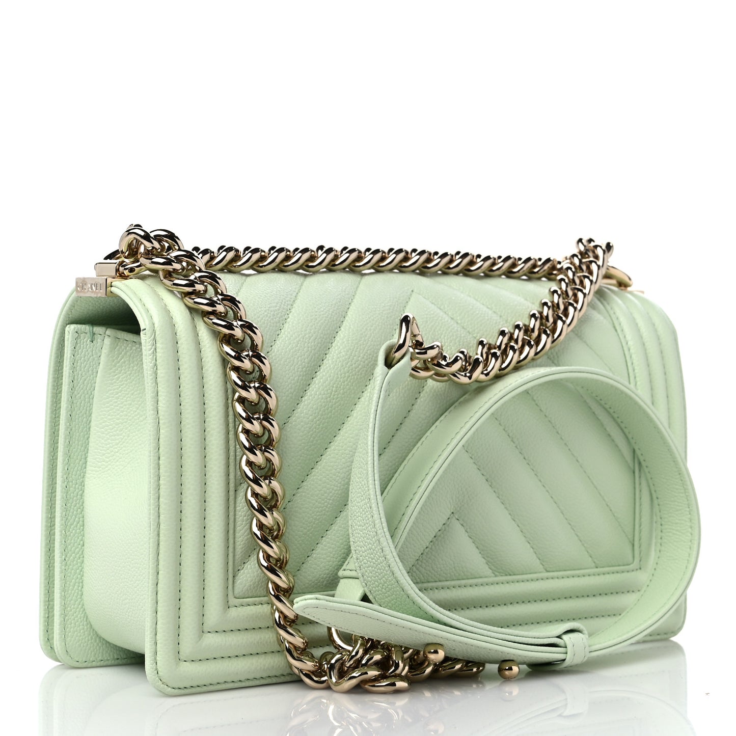 Caviar Chevron Quilted Medium Boy Flap Light Green