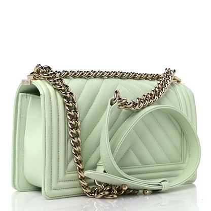 Chanel Caviar Chevron Quilted Medium Boy Flap Light Green 3 of 9