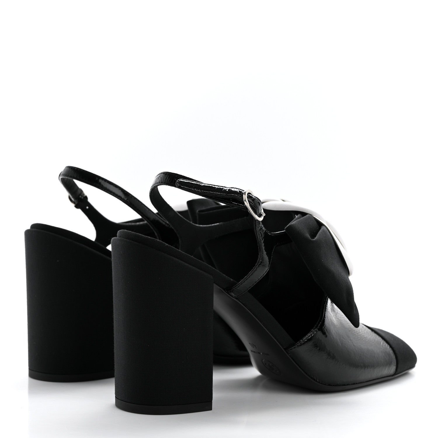 Chanel Crumpled Shiny Fabric Grosgrain Cap Toe Camellia Bow Slingback Pumps 40 Black 4 of 7