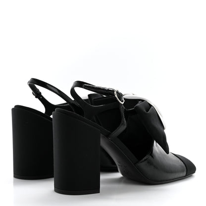 Chanel Crumpled Shiny Fabric Grosgrain Cap Toe Camellia Bow Slingback Pumps 40 Black 4 of 7