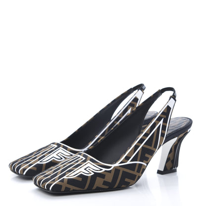 Fendi Lycra Film FF FFreedom Decollete Slingback Pumps 39 Tobacco Moro White 3 of 10