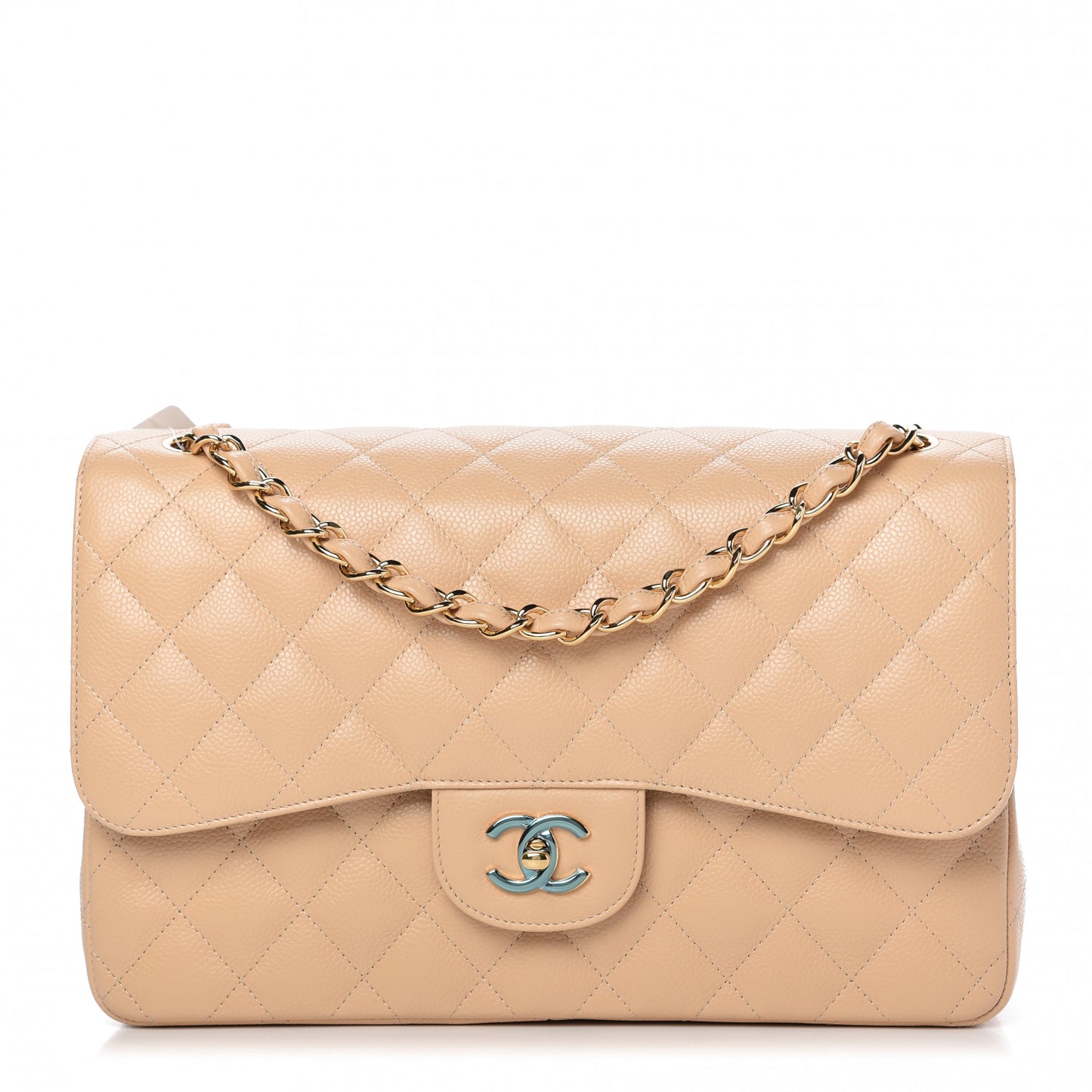Caviar Quilted Jumbo Double Flap Light Beige