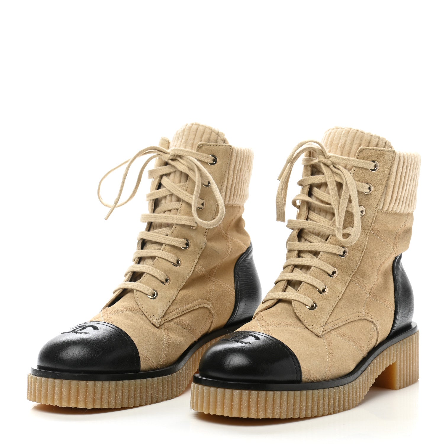 Chanel Suede Calfskin Velvet Quilted CC Combat Boots 38 Beige Black 3 of 8