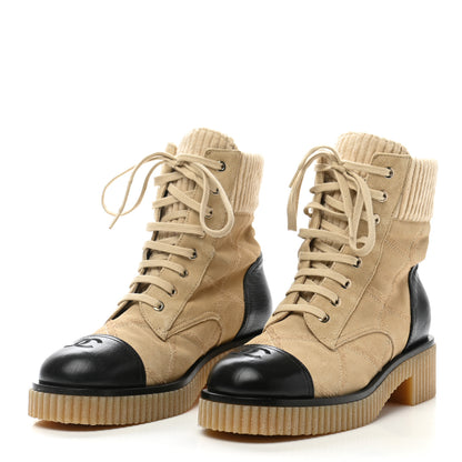 Chanel Suede Calfskin Velvet Quilted CC Combat Boots 38 Beige Black 3 of 8
