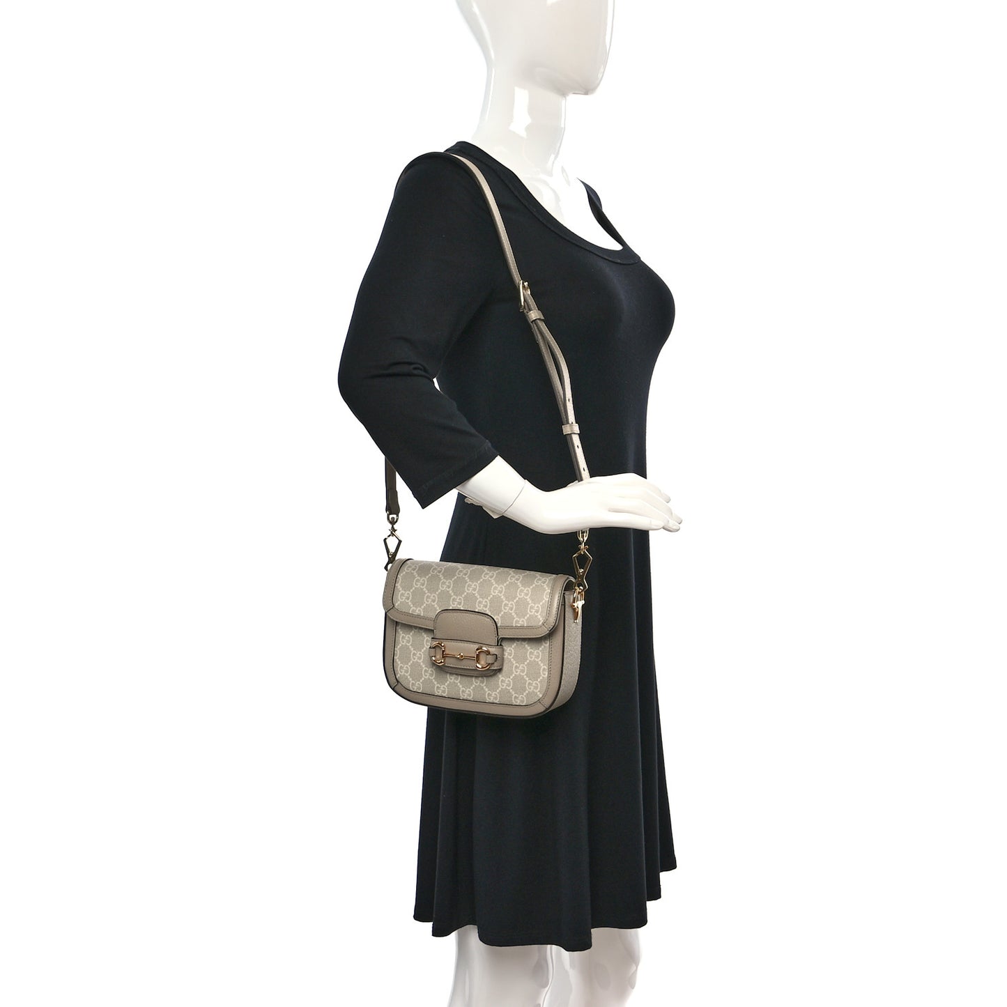 GG Supreme Monogram Textured Dollar Calfskin Web Mini Horsebit 1955 Shoulder Bag Beige Mystic White Oatmeal
