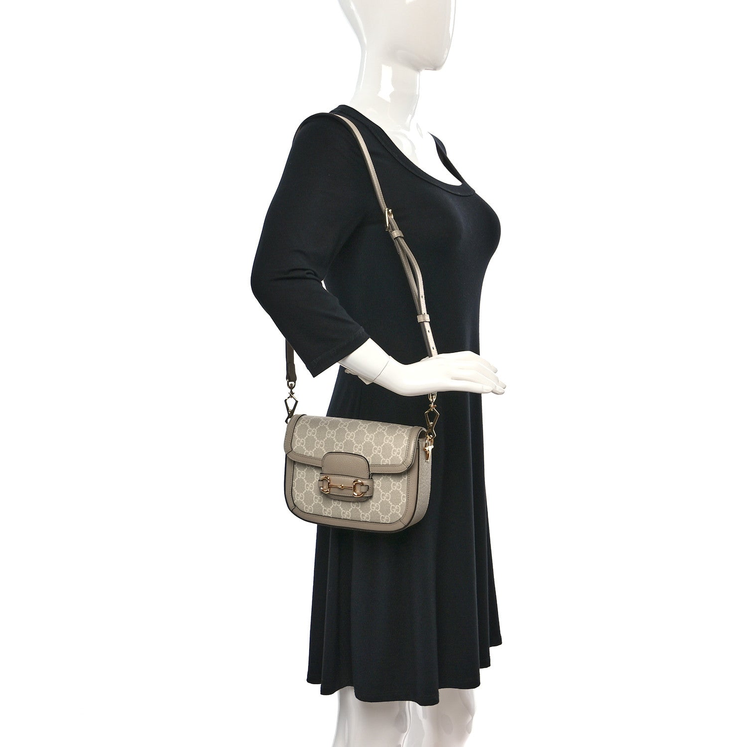 Gucci GG Supreme Monogram Textured Dollar Calfskin Web Mini Horsebit 1955 Shoulder Bag Beige Mystic White Oatmeal 2 of 9