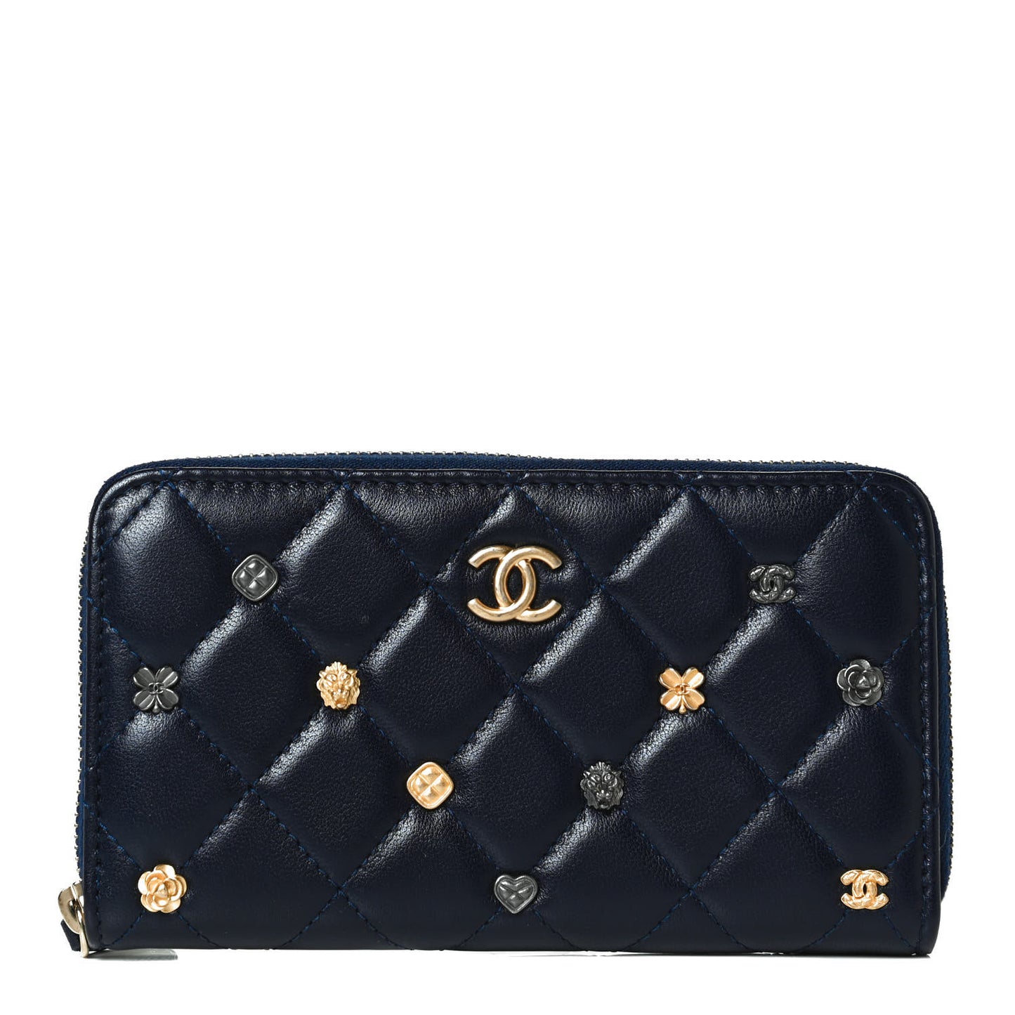 Lambskin Quilted Small Lucky Charms Zip Around Wallet Navy