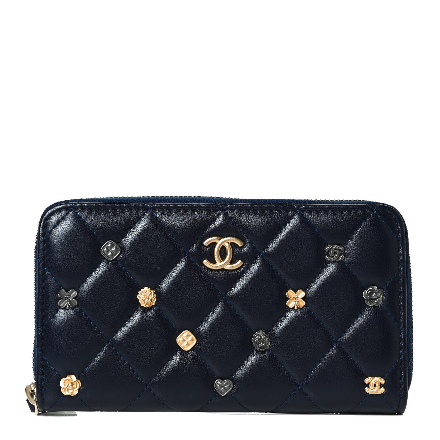 Chanel Lambskin Quilted Small Lucky Charms Zip Around Wallet Navy 1 of 12
