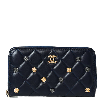 Chanel Lambskin Quilted Small Lucky Charms Zip Around Wallet Navy 1 of 12