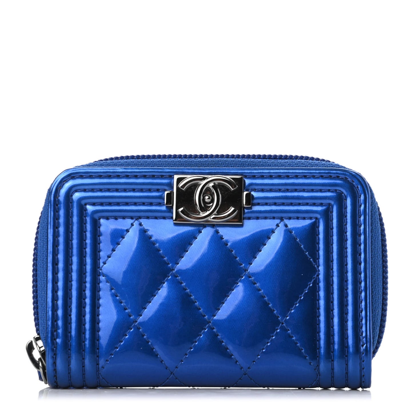 Metallic Patent Quilted Zip Around Boy Coin Purse Wallet Blue