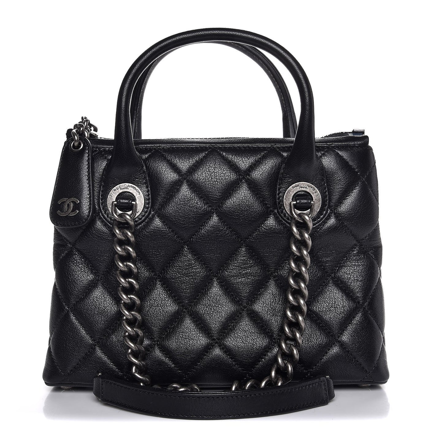 Shiny Sheepskin Quilted Small Shopping Tote Black