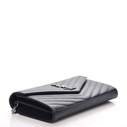 Saint Laurent Grain de Poudre Matelasse Chevron Medium Monogram Chain Wallet Blue 4 of 6