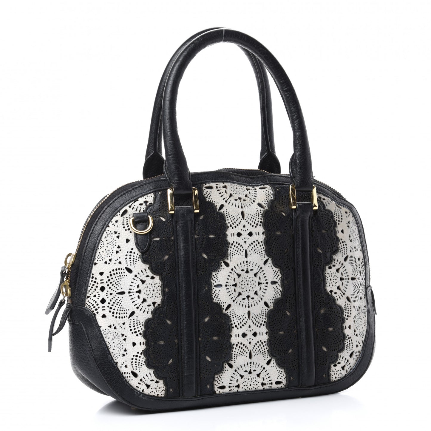 Calfskin Laser Cut Lace Small Orchard Bowling Bag Black White