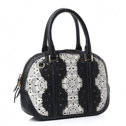Burberry Calfskin Laser Cut Lace Small Orchard Bowling Bag Black White 3 of 11