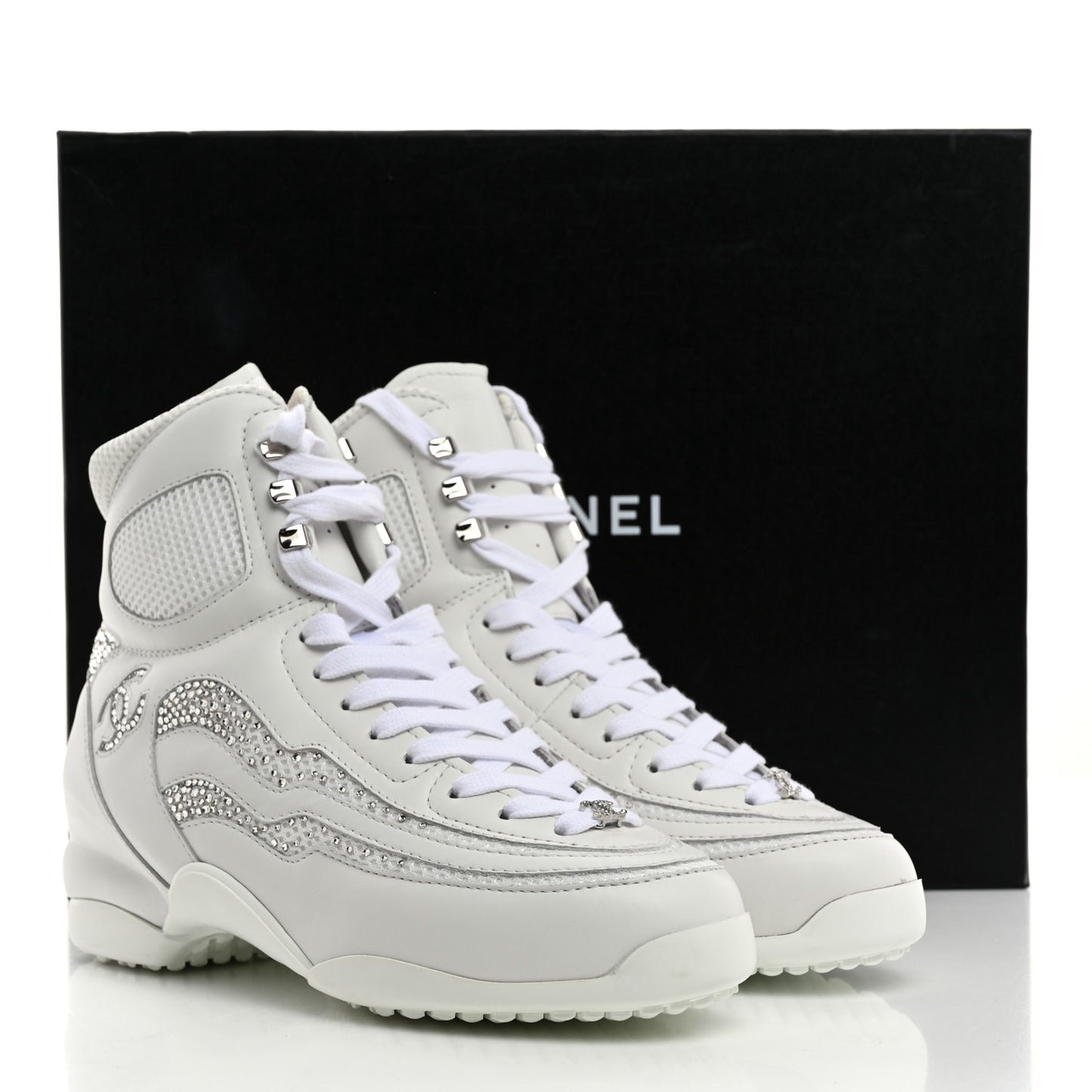 Calfskin Fabric Mesh Strass Womens CC Sneakers 39 White Silver