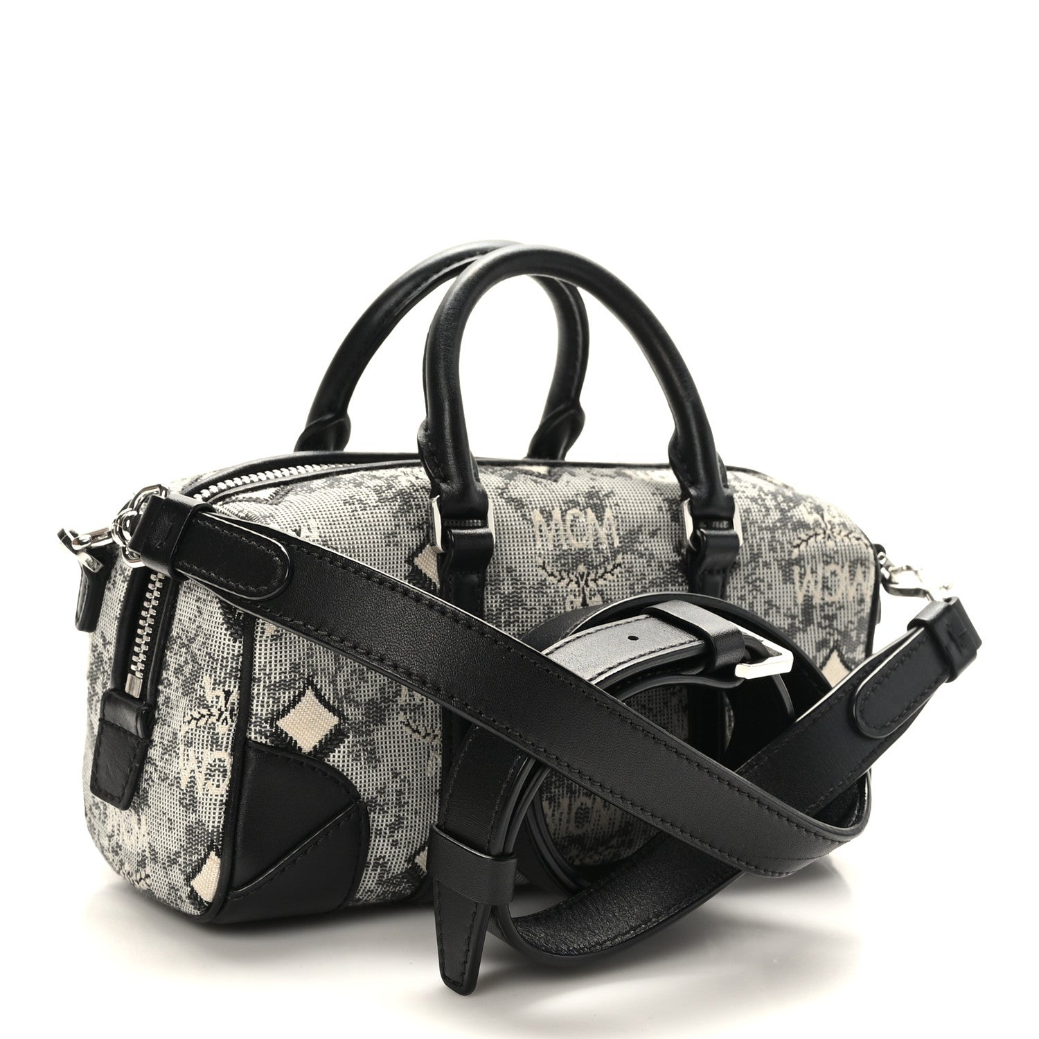 MCM Vintage Jacquard Monogram Mini Boston Bag Black Grey 3 of 8