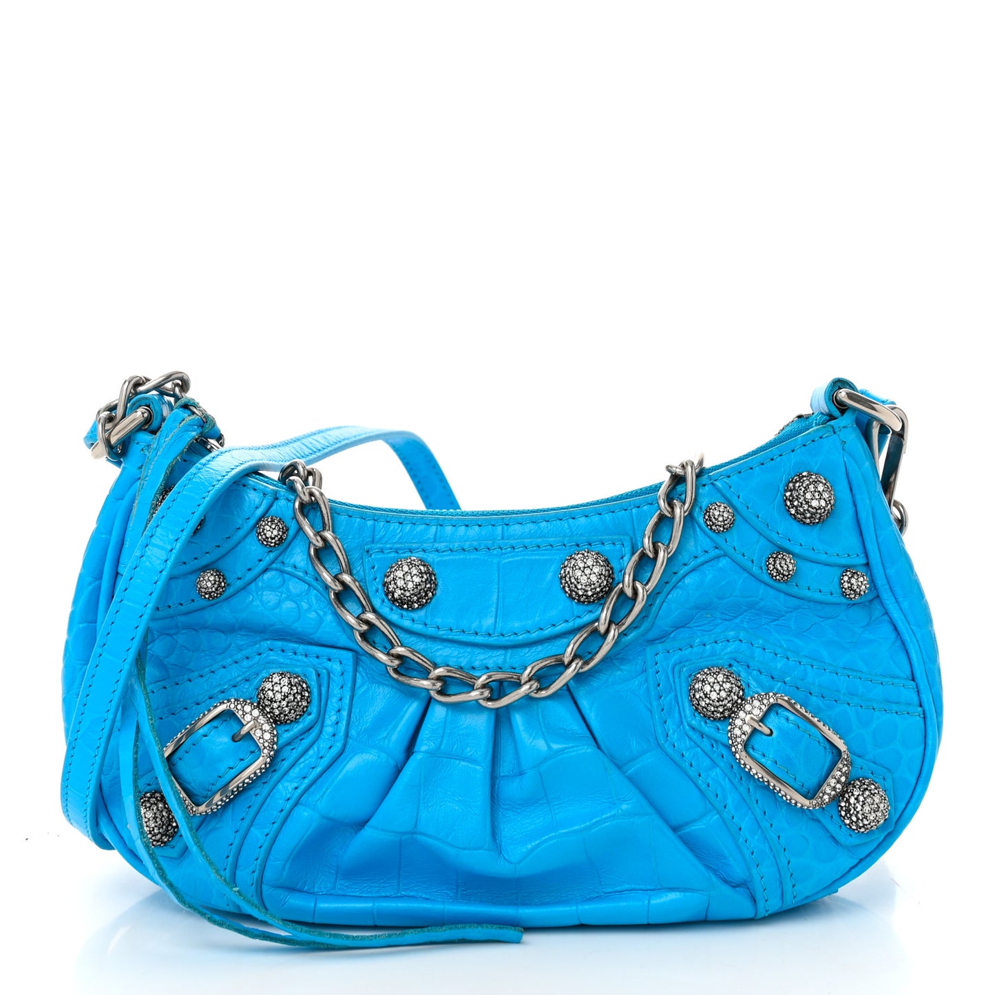 Extra Supple Calfskin Crocodile Embossed Crystal Mini Le Cagole Purse With Chain Cyan