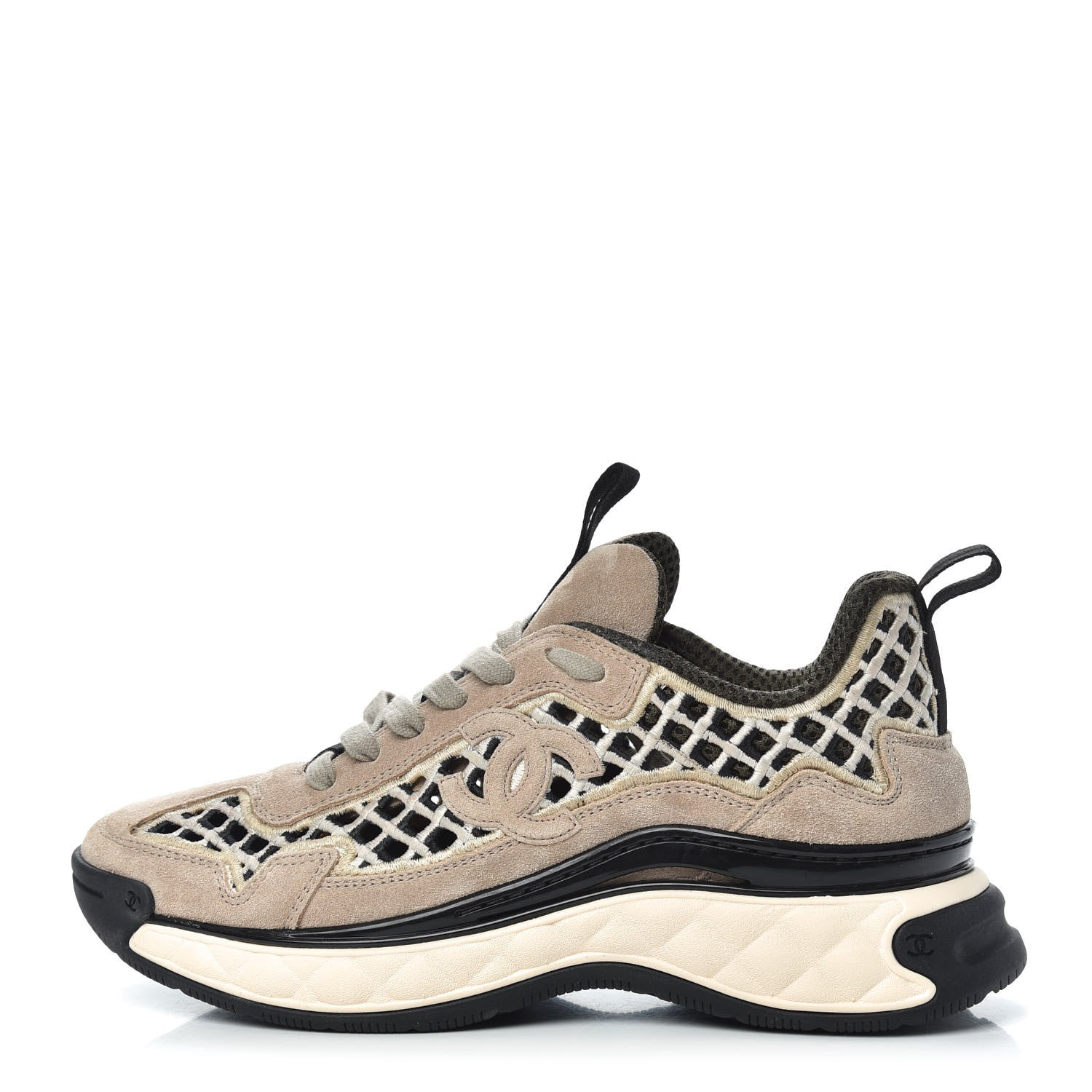 Chanel Suede Calfskin Embroidered CC Sneakers 38 Beige Black 1 of 9