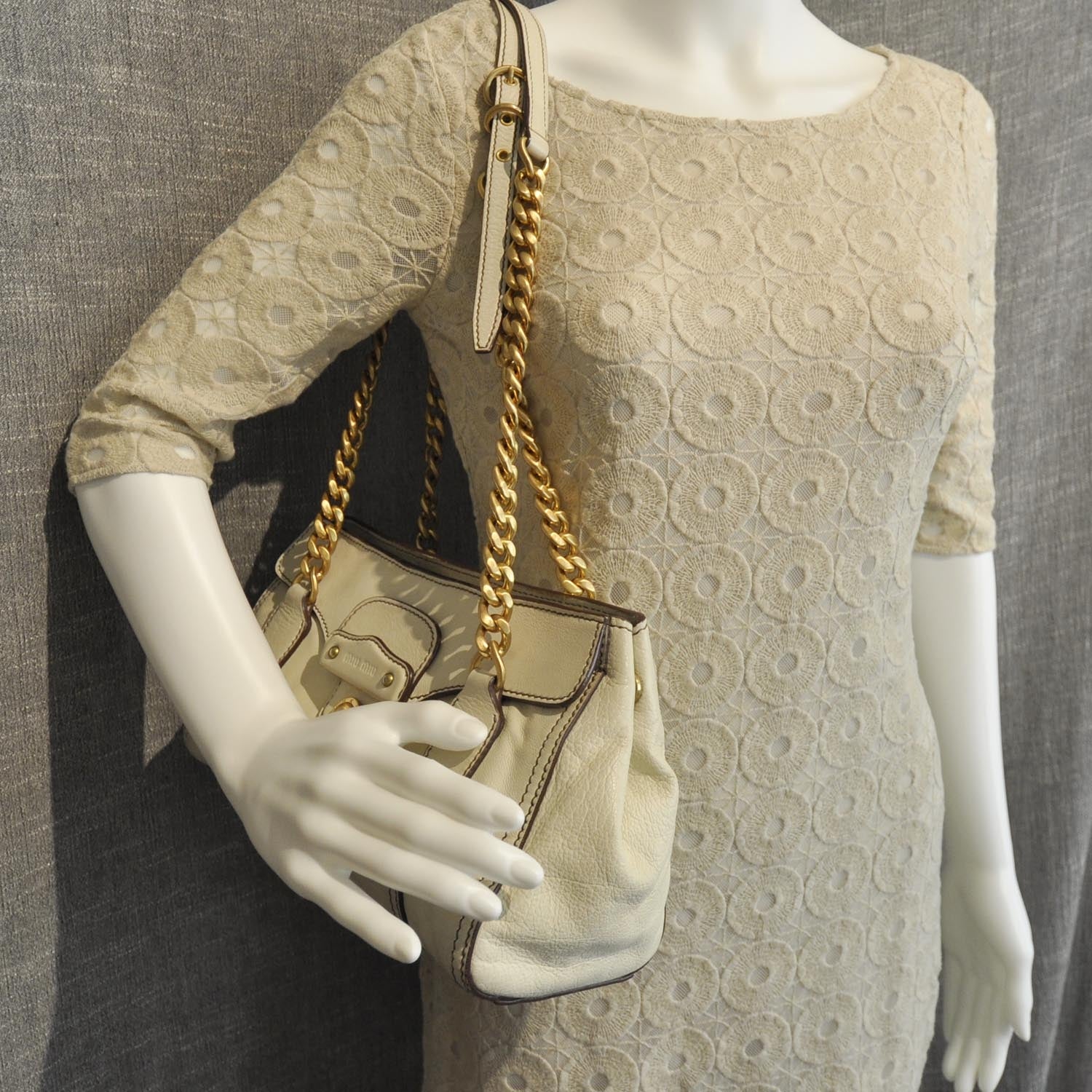 Miu Miu Leather Small Chain Shoulder Bag Ivory 3 of 11