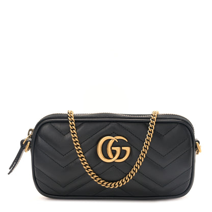 Gucci Calfskin Matelasse Mini GG Marmont Chain Crossbody Bag Black 1 of 10