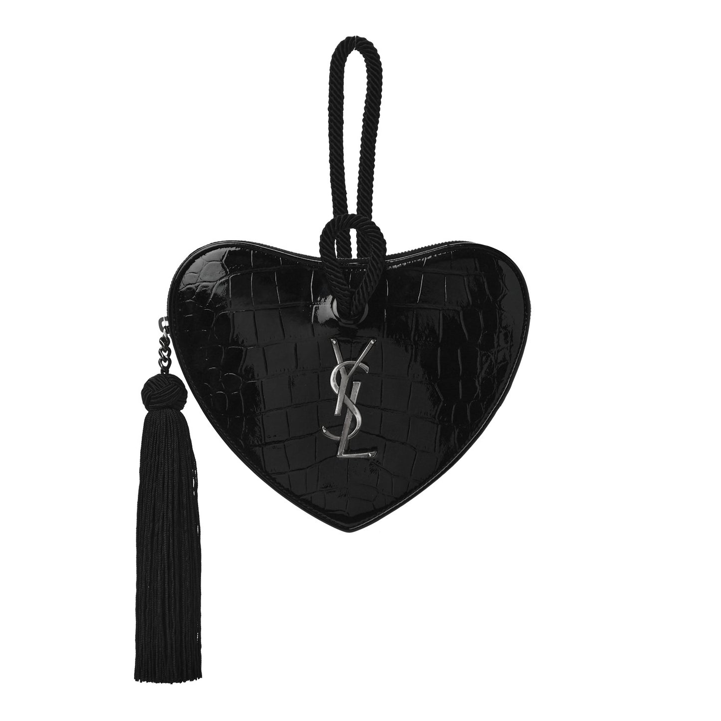 Patent Crocodile Embossed Sac Coeur Heart Shaped Clutch Black