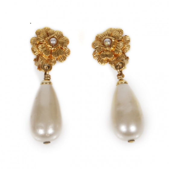 Camellia Pearl Tear Drop Clip On Earrings Gold