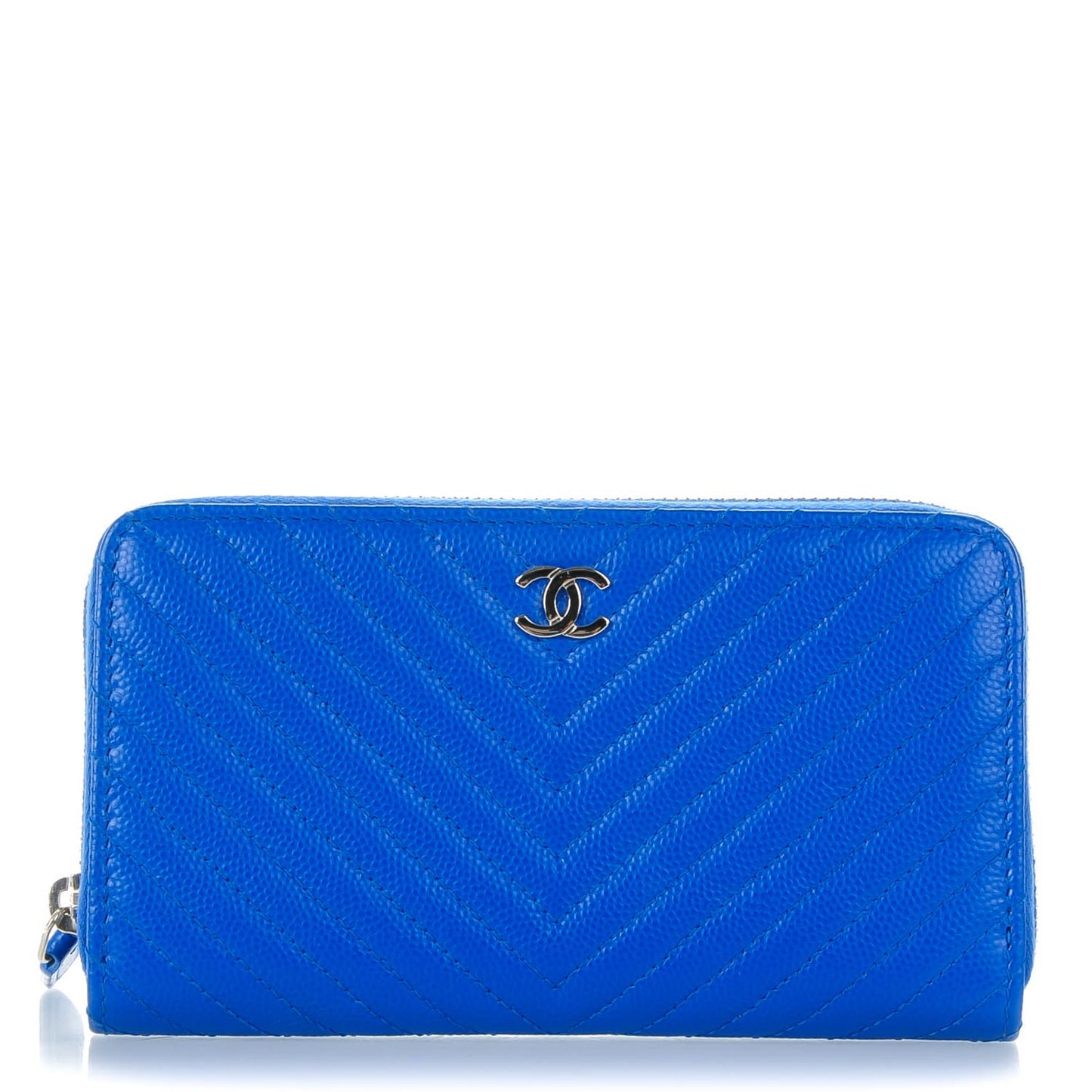 Caviar Chevron Quilted Small Zip Around Wallet Bright Blue