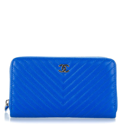 Chanel Caviar Chevron Quilted Small Zip Around Wallet Bright Blue 1 of 8