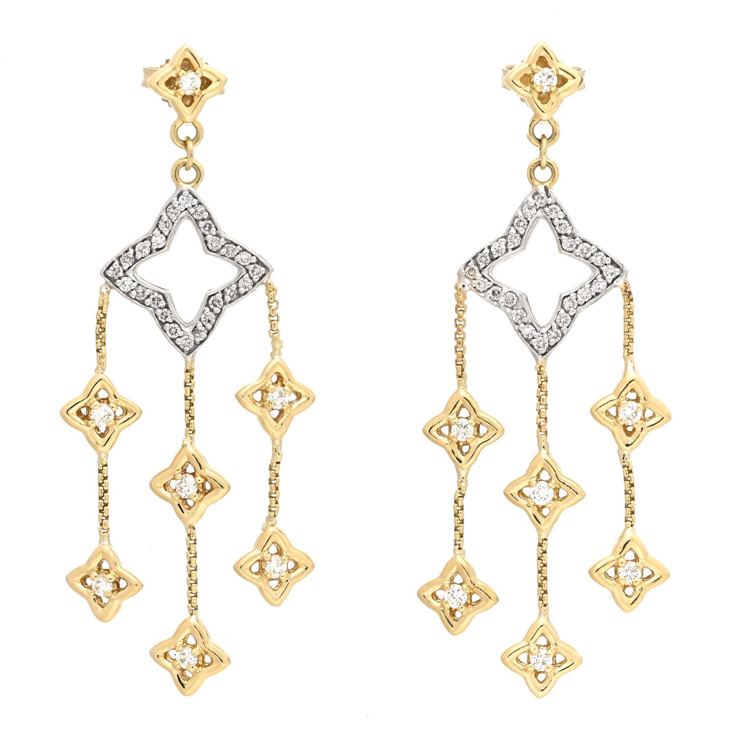 18K Yellow White Gold Diamond Quatrefoil Chandelier Earrings
