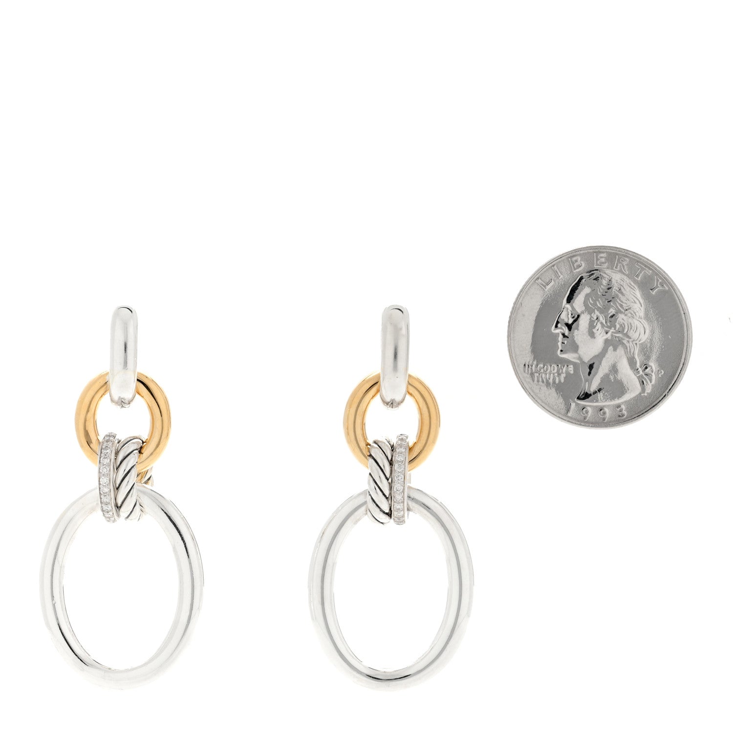 David Yurman Sterling Silver 18K Yellow Gold Diamond DY Mercer Circular Drop Earrings 2 of 3
