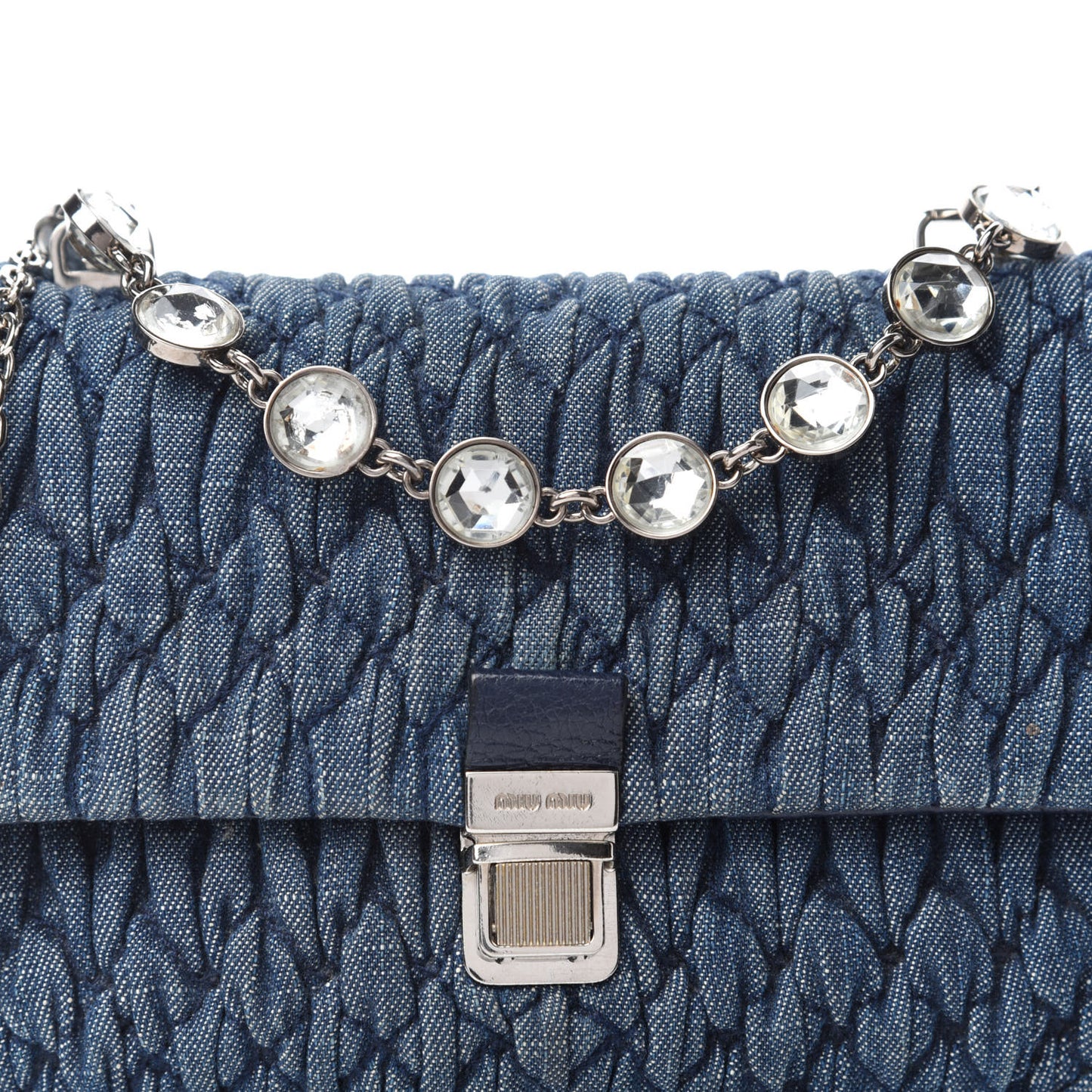 Denim Matelasse Crystal Chain Crossbody Bag Blue