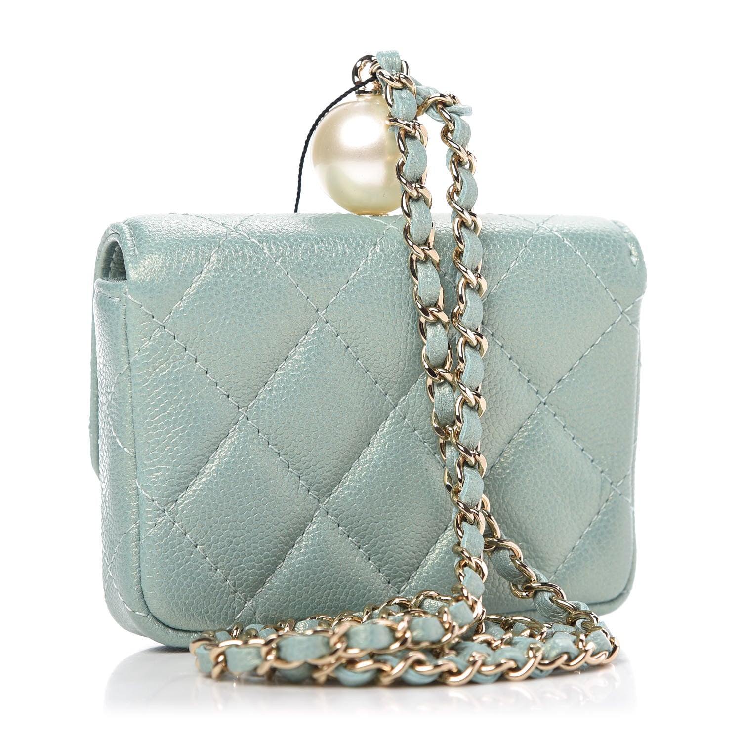 Chanel Iridescent Caviar Quilted Pearl On Top Coin Purse With Chain Light Green 3 of 9
