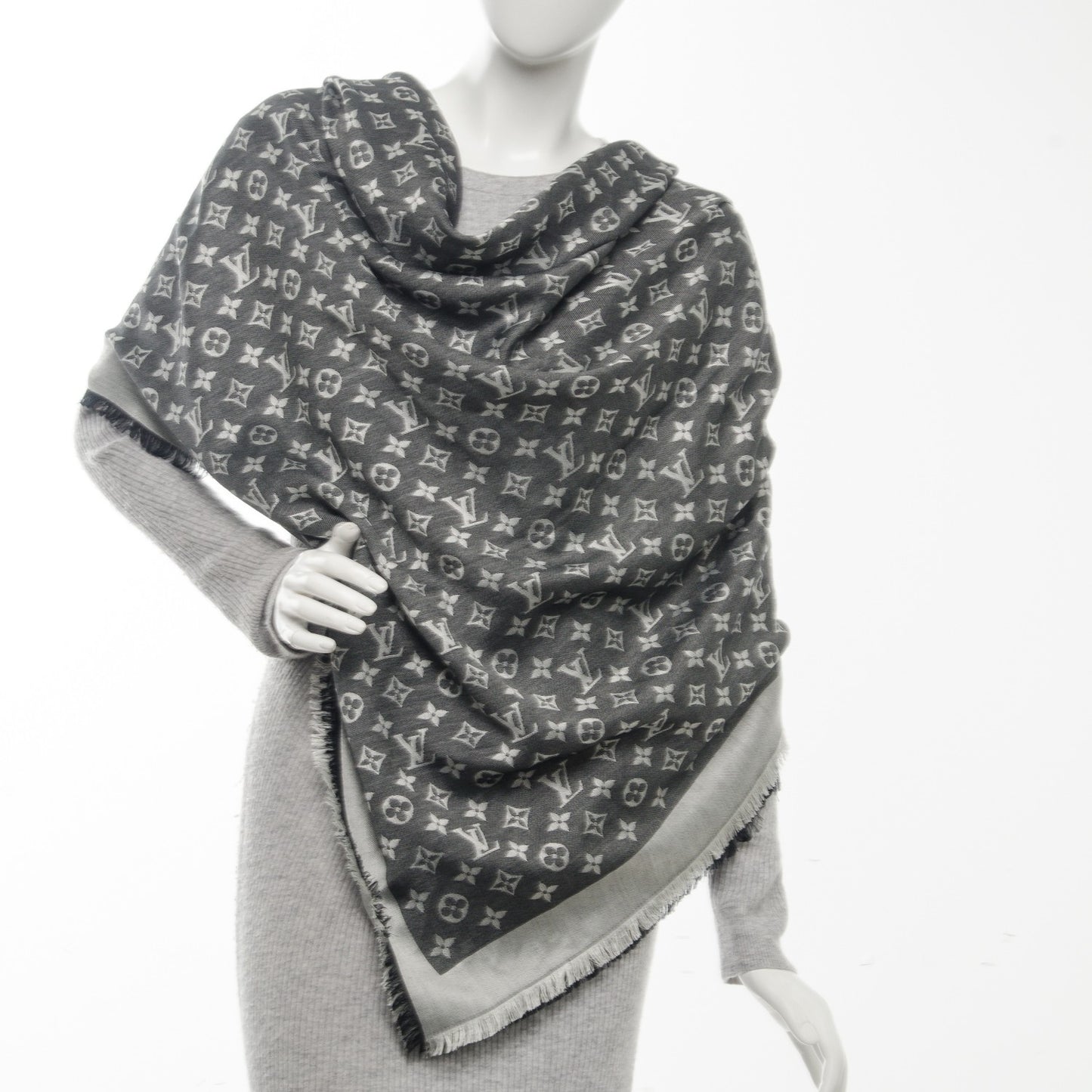 Silk Wool Monogram Denim Shawl Black