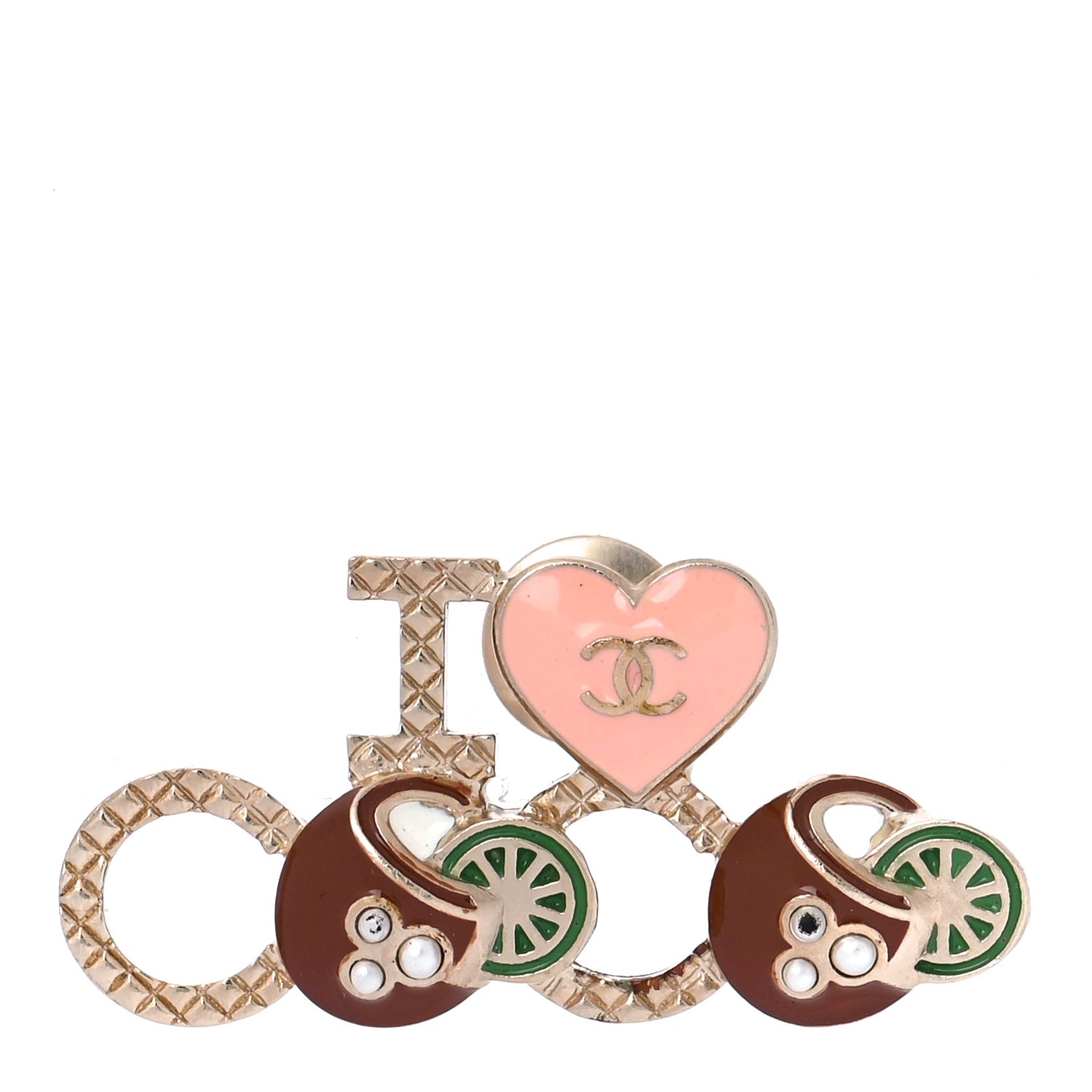 Metal Resin Pearl I Love Coco Brooch Gold Brown Pink