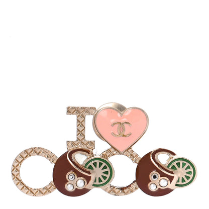 Chanel Metal Resin Pearl I Love Coco Brooch Gold Brown Pink 1 of 5